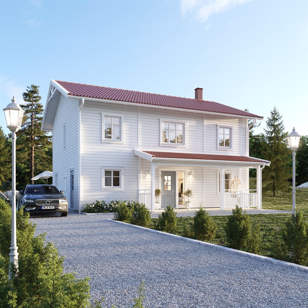 Vitt Villa Anneberg exteriör klassisk stil med entréveranda
